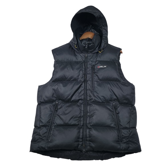 RLX Ralph Lauren Mens Large Black Hooded Down Puffer Vest Full Zip Gorpcore Polo